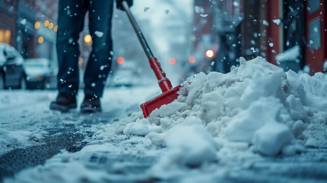 Shoveling snow from the street, focusing on a closeup of a red Shovel and a pile of white snow with a blurred person shoveling in the background