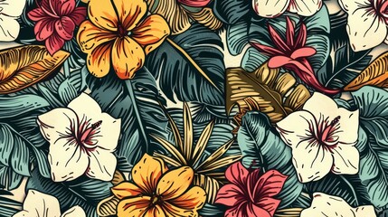 Create a tropical pattern featuring intricate, detailed botanical illustrations of tropical plants and flowers