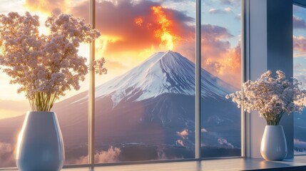 Burning Mt. Fuji in a 3D close-up, viewed through large windows with white vases of flowers softly illuminated.