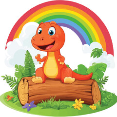 Naklejka premium Cute cartoon Chubby Dinosaur sitting on the wood in garden with rainbow background vector