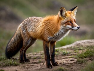 Fototapeta premium A Red Fox Standing on a Dirt Path with Green Grass in the Background