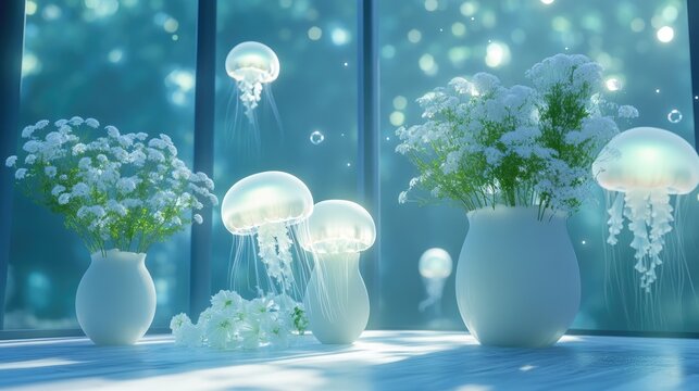 Fototapeta Glowing jellyfish in the ocean in 3D, seen through large windows with white vases of flowers softly lit. -