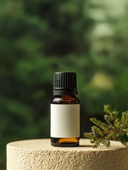 A small amber essential oil bottle with a blank label sits on a textured surface, surrounded by a green, blurred natural background, ideal for wellness or spa marketing,