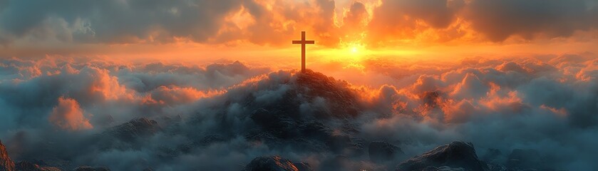 Obraz premium A cross atop a misty mountain, with sun rays piercing through clouds, creating a heavenly atmosphere