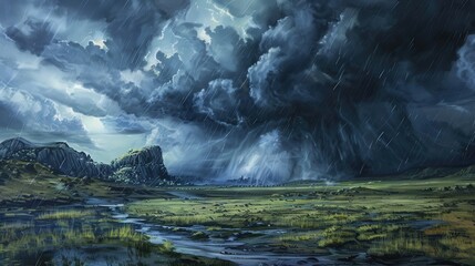 Create a vivid portrayal of dark clouds with heavy rainfall cascading down, adding a dramatic and intense atmosphere to the landscape.