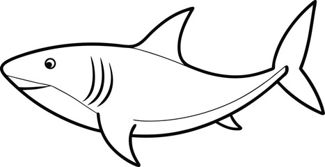 A shark outline or line art illustration, depicted in mid-swim with its dorsal fin visible, drawn with sharp, streamlined lines on a white background.