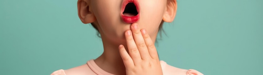 Obraz premium Child with a red nose, mouth open in a cough, hand on their throat, showing signs of sore throat, congestion, and cough from the flu