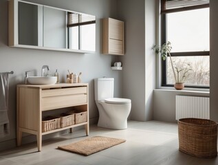 Modern Bathroom Interior with White Toilet, Wooden Vanity, and Woven Baskets