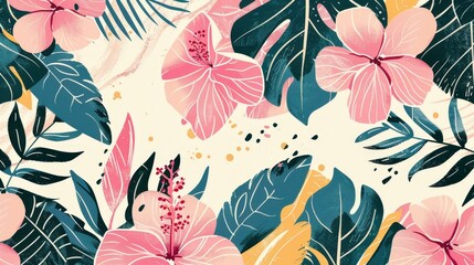Create a whimsical tropical pattern with hand-drawn illustrations of tropical leaves and flowers. Use soft, pastel colors to give the design a gentle, artistic touch.