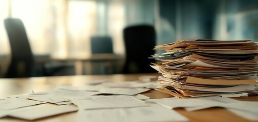 Empty office spaces with scattered papers and files, symbolic of mass layoffs, focus on the aftermath of corporate restructuring