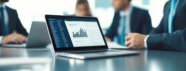 Team of executives in a heated discussion, open laptop with layoff plan on screen, focus on strategic decisions, corporate environment