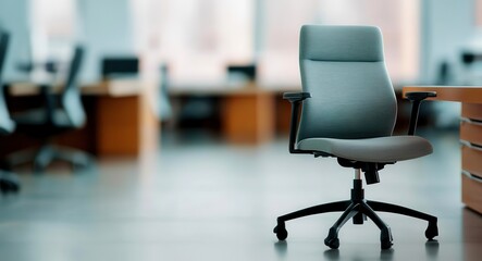 Abandoned office chair with a nameplate on desk, blurred background of office, concept of layoffs and business downturn