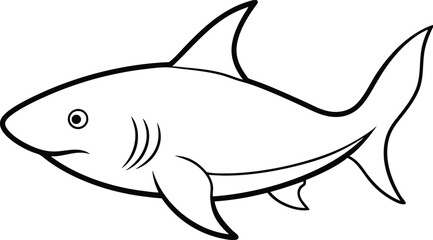 An outline illustration of a shark, depicted in mid-swim with its dorsal fin visible, drawn with sharp, streamlined lines on a white background.