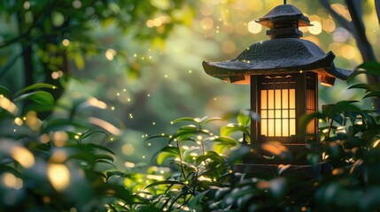 Create a Zen-inspired scene with a traditional Japanese lantern nestled among lush foliage