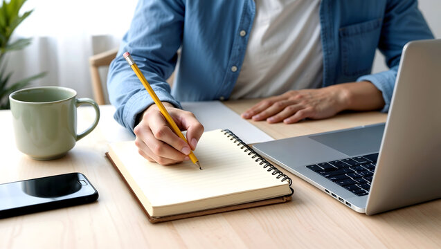 online learning, a man studying at home, taking notes, laptop and a notebook, home study