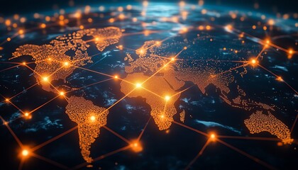 Silhouettes connected by glowing lines over a world map, representing global networking