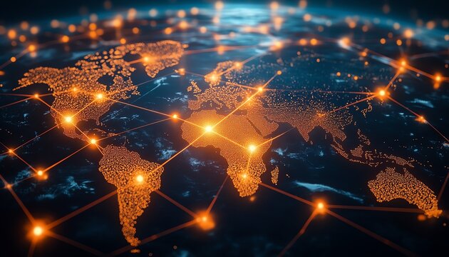 Silhouettes connected by glowing lines over a world map, representing global networking