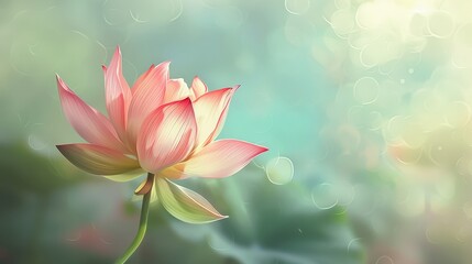 Create an artistic representation of a lotus flower with a focus on its graceful curves and vibrant colors, using a softly blurred background to highlight the bloom