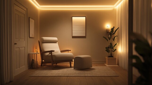 A warm and inviting therapy room with a comfortable chair, soft lighting, and calming decor, emphasizing a supportive environment
