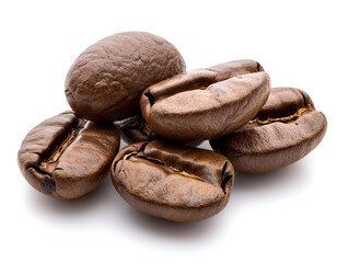 Obraz premium close-up view of roast coffee beans isolated on white background. Coffee beans isolated on white. Roasted coffee beans on white background. macro photo of coffee grains. coffee beans background