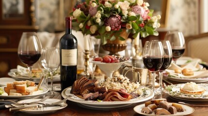 Fototapeta premium Create an elegant dining room scene with a beautifully set table featuring a gourmet feast of duck confit, truffle risotto, and a selection of fine wines