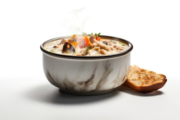 Clam Chowder Food Photography Smoky and Fire Flame High Resolution Culinary Shot Ideal for Restaurant Ads Menu Features and Gourmet Food Blogs