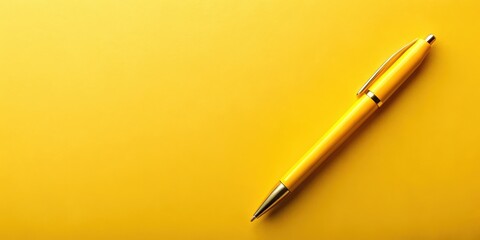 Yellow ballpoint pen laying on a matching yellow background with space for text , stationery, office supplies, writing