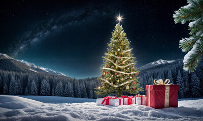 Christmas Tree And Gift Boxes On Snow In Night With Shiny Star and Forest - Winter Abstract Landscape