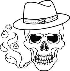 skull wearing hat doing smoke line art illustration 