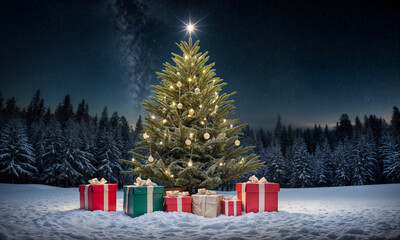 Christmas Tree And Gift Boxes On Snow In Night With Shiny Star and Forest - Winter Abstract Landscape