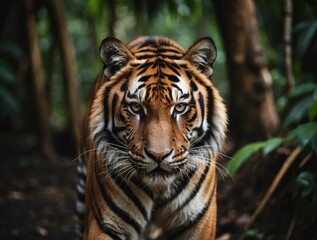 Close-up Portrait of a Tiger in a Lush Forest Setting