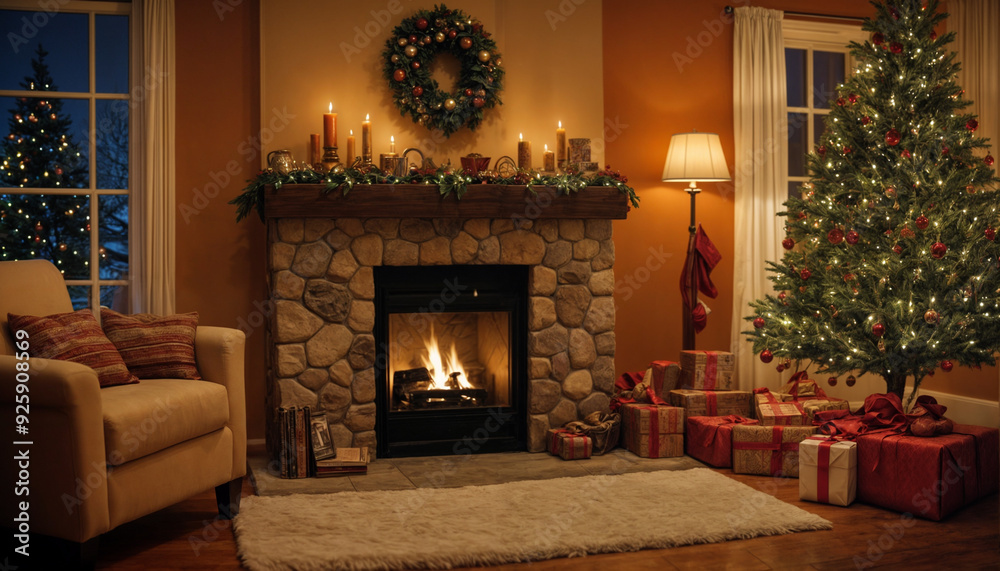 Wall mural stylish living room interior with beautiful fireplace, christmas tree and other decorations at night