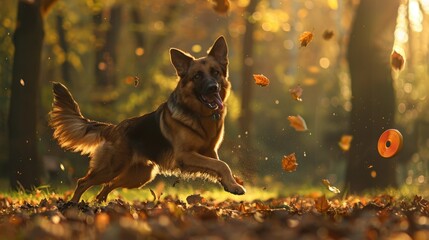 Create an image of a dog playing fetch with a frisbee in a forest clearing, with dappled sunlight and fallen leaves adding to the natural setting.