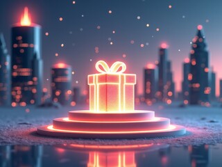  A multidimensional podium floating between worlds, with a futuristic Christmas tree and a transparent gift box showing different holiday scenes inside