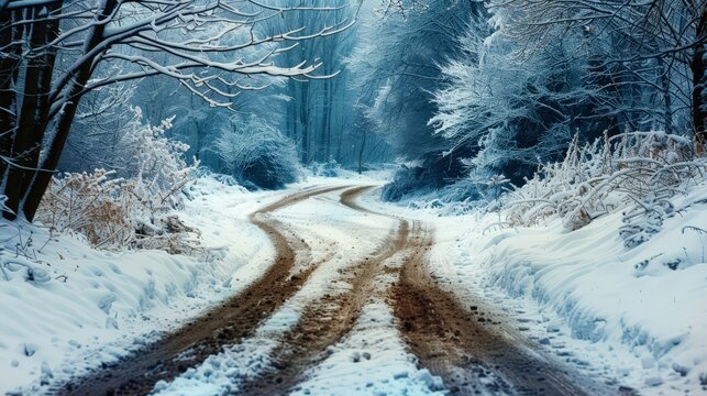 Create an image of a fork in the road in a snowy landscape, with one path cleared and the other covered in snow.