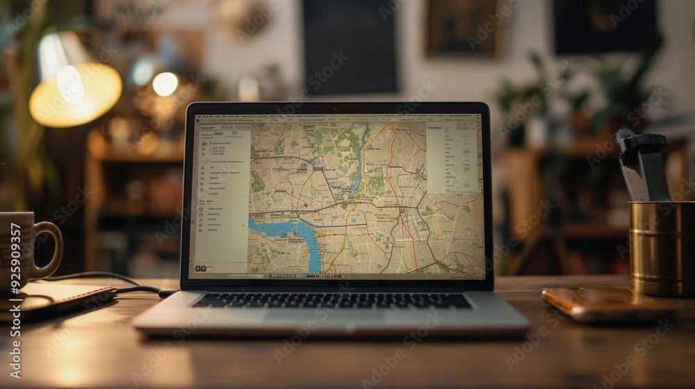 Poster create an image of a laptop screen displaying a map or navigation application