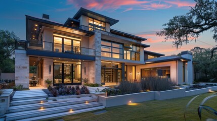 Create an image of a luxury home with a distinctive modern design, including unique architectural elements, extensive use of glass, and a stunning outdoor area