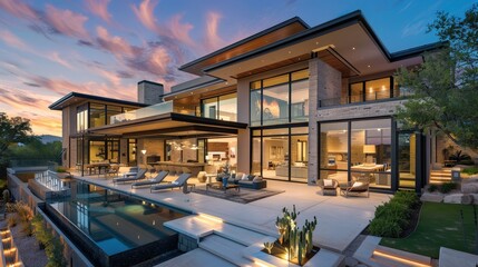 Obraz premium Create an image of a luxury home with an open, airy exterior, sleek metal and glass design, and extensive outdoor living areas.