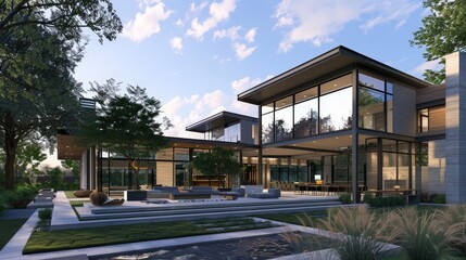 Create an image of a luxury home with an open, airy exterior, sleek metal and glass design, and extensive outdoor living areas.