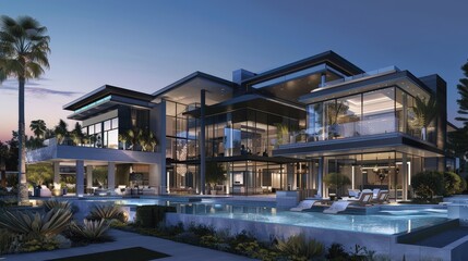 Create an image of a luxury home with an open, airy exterior, sleek metal and glass design, and extensive outdoor living areas.