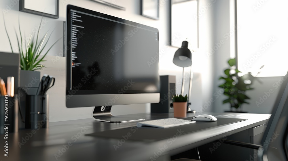 Poster create an image of a professional office computer setup, featuring a large screen, a wireless keyboa