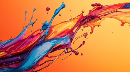 Vibrant Paint Splash Poster: A Dynamic Artwork for Sporty Interiors, Capturing Fluid Motion Against a Striking Gradient Orange Background