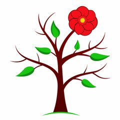 Tree and Red Flower Drawing Vector - SVG, Cricut, Silhouette, Clipart, T-shirt Graphic