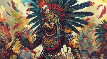 Create an image of an Aztec warrior in a ceremonial procession, surrounded by other warriors and ritual objects.