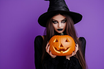 Fototapeta premium A woman wearing witch black costume and Halloween makeup, holding a Halloween pumpkin on purple background with copy space