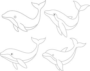 Four package of Whale outline or line art illustration, swimming gracefully with a gentle curve, drawn with smooth, sweeping lines on a white background.