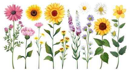 Colorful vector set of spring flowers, including daisies and sunflowers, isolated on white background