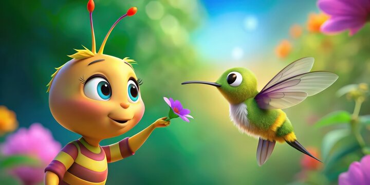 Vibrant and colorful of Maya the Bee talking to a hummingbird, perfect for children's books or educational materials