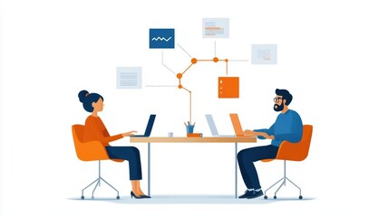 Two professionals collaborate at a modern workspace, analyzing data and discussing strategies with laptops and visual elements.