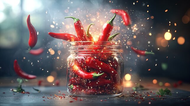 Explosive Chili Peppers in Glass Jar: Perfect Wall Art for Spicy Home Decor & Vibrant Sports Interior Poster